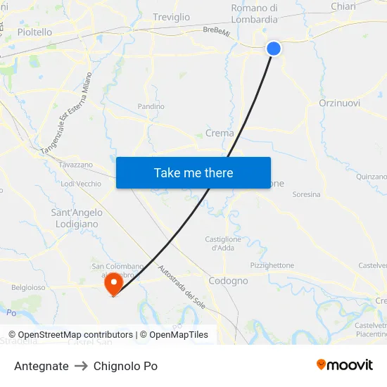 Antegnate to Chignolo Po map