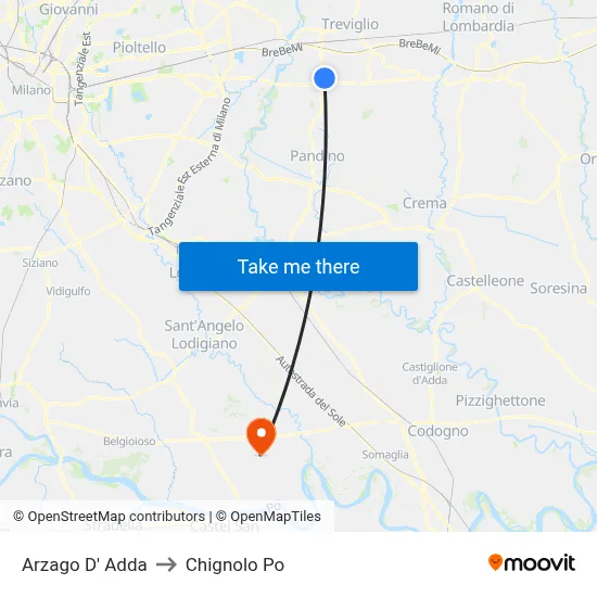 Arzago d'Adda to Chignolo Po map