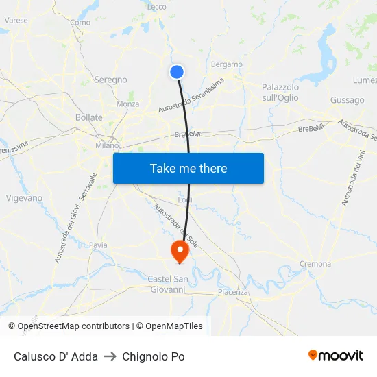 Calusco d'Adda to Chignolo Po map