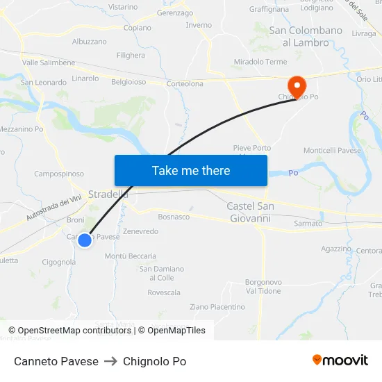 Canneto Pavese to Chignolo Po map