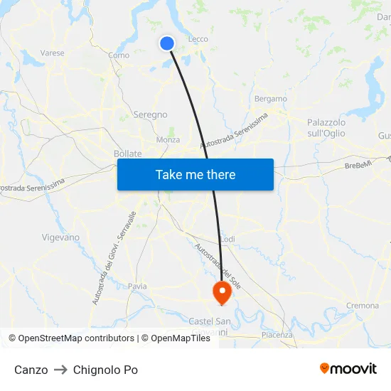 Canzo to Chignolo Po map