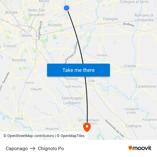 Caponago to Chignolo Po map