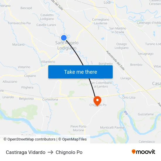 Castiraga Vidardo to Chignolo Po map
