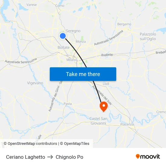Ceriano Laghetto to Chignolo Po map