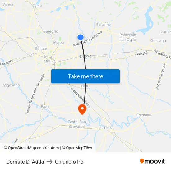Cornate d'Adda to Chignolo Po map