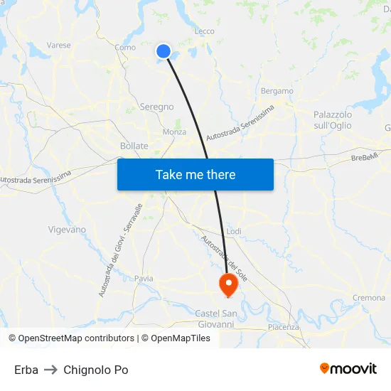 Erba to Chignolo Po map