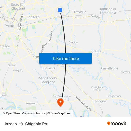 Inzago to Chignolo Po map