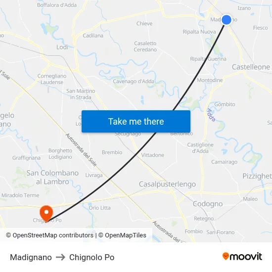 Madignano to Chignolo Po map