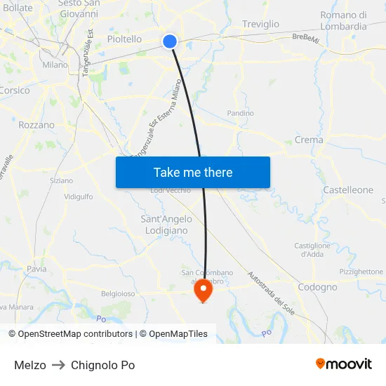 Melzo to Chignolo Po map