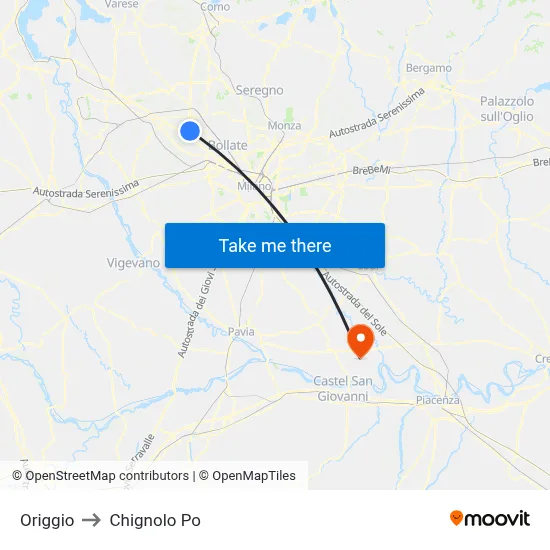 Origgio to Chignolo Po map
