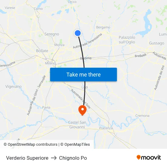 Verderio Superiore to Chignolo Po map