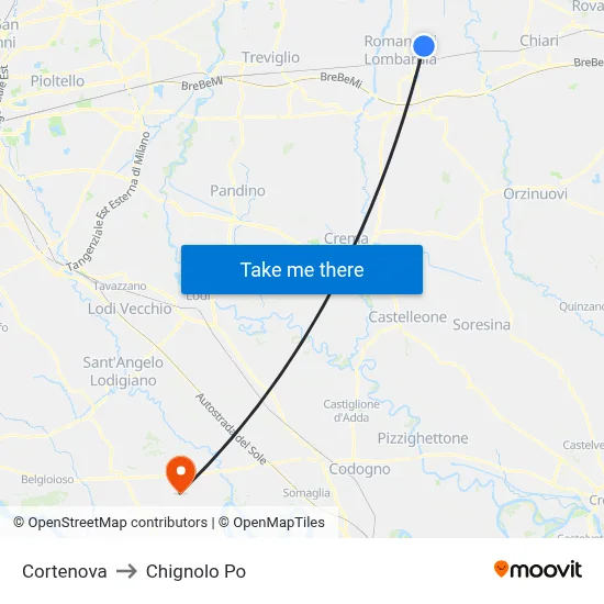 Cortenova to Chignolo Po map