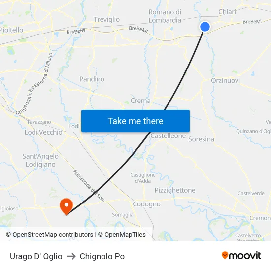 Urago D' Oglio to Chignolo Po map