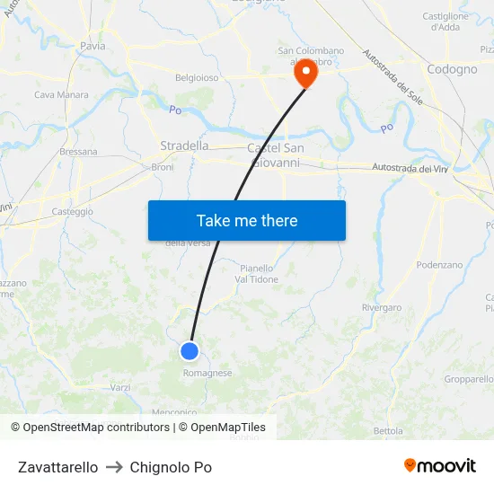 Zavattarello to Chignolo Po map