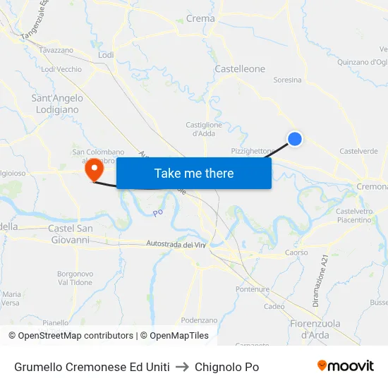 Grumello Cremonese Ed Uniti to Chignolo Po map