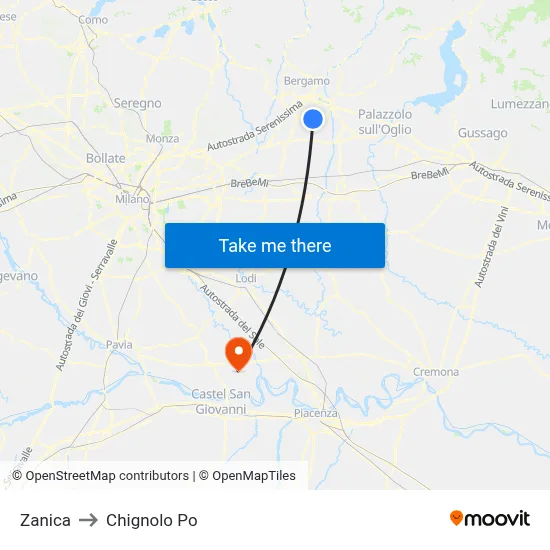 Zanica to Chignolo Po map