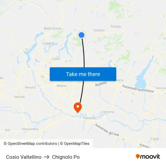 Cosio Valtellino to Chignolo Po map