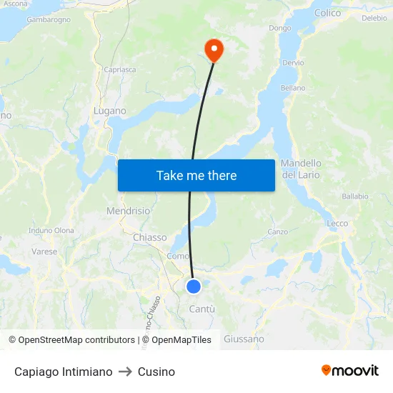 Capiago Intimiano to Cusino map