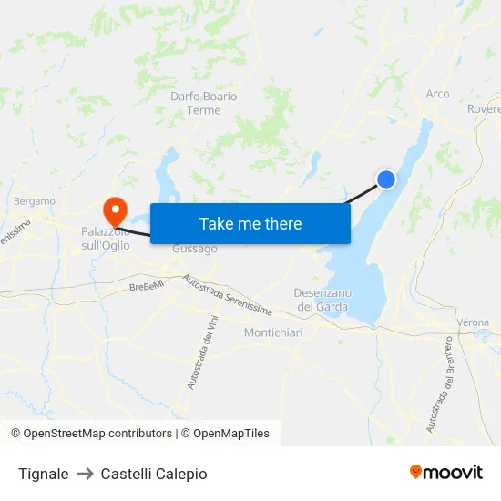 Tignale to Castelli Calepio map