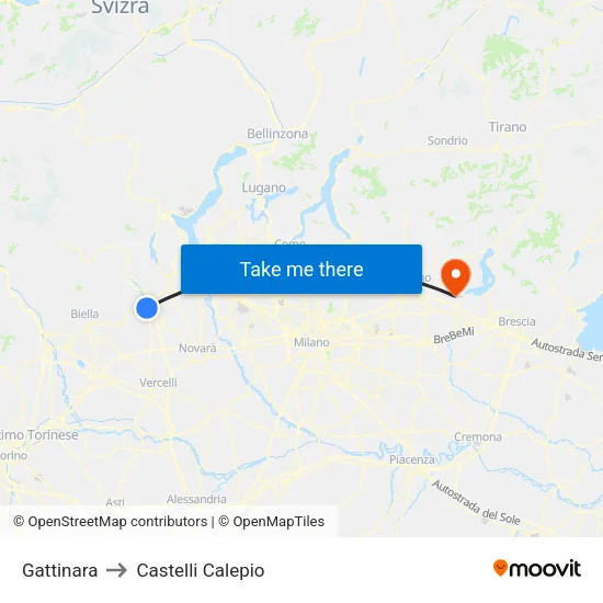 Gattinara to Castelli Calepio map