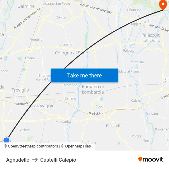 Agnadello to Castelli Calepio map