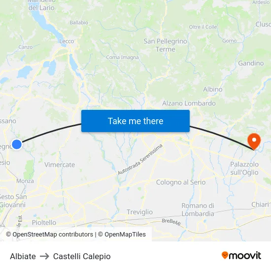 Albiate to Castelli Calepio map