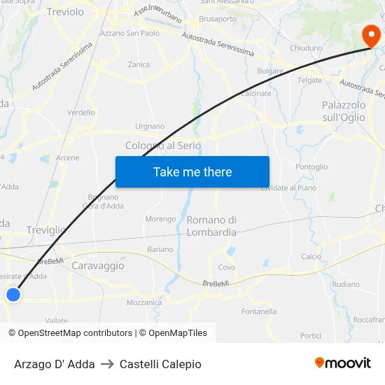Arzago d'Adda to Castelli Calepio map