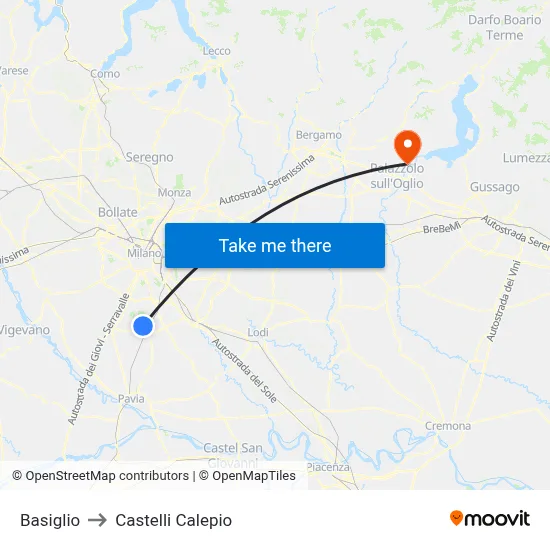 Basiglio to Castelli Calepio map