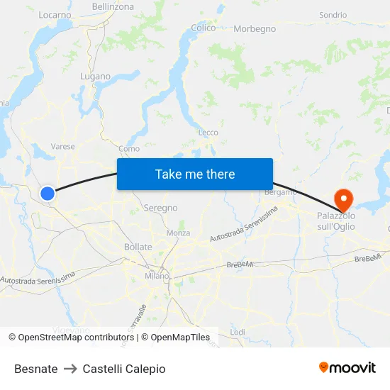 Besnate to Castelli Calepio map