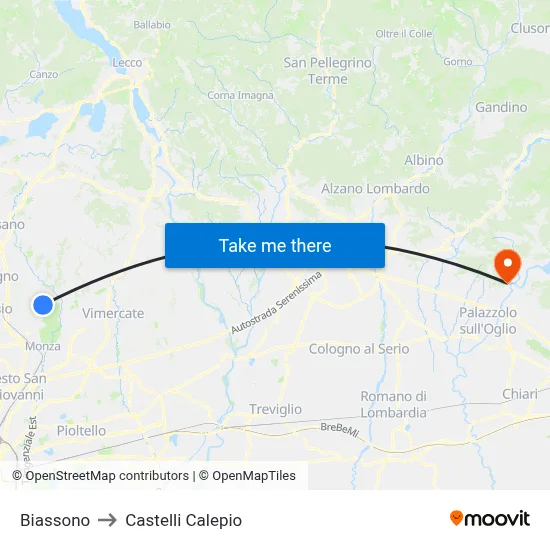 Biassono to Castelli Calepio map