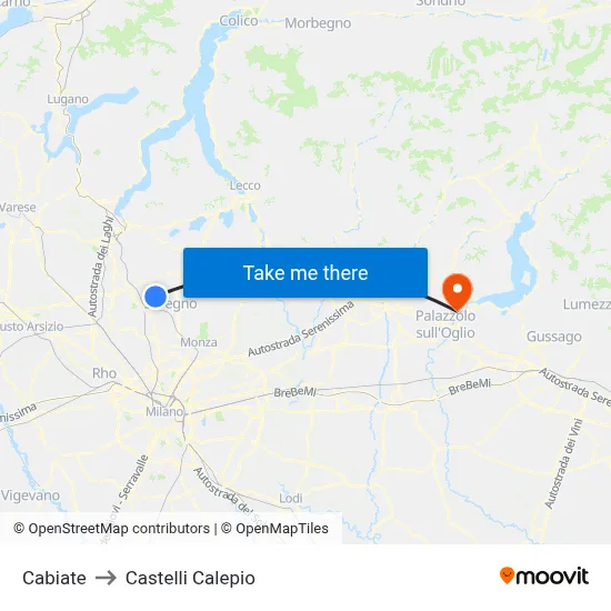 Cabiate to Castelli Calepio map