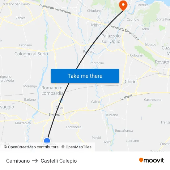 Camisano to Castelli Calepio map