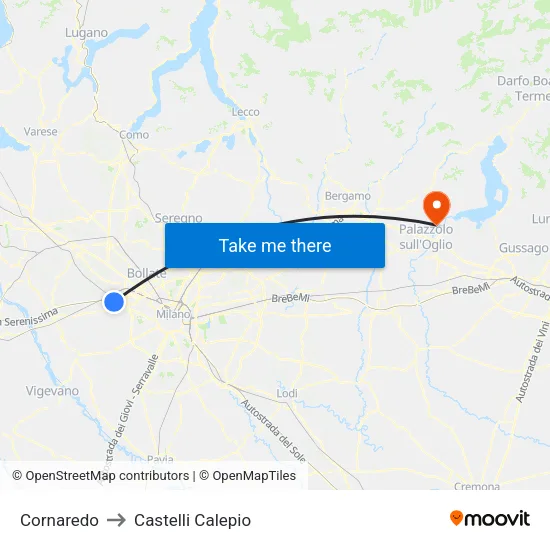 Cornaredo to Castelli Calepio map