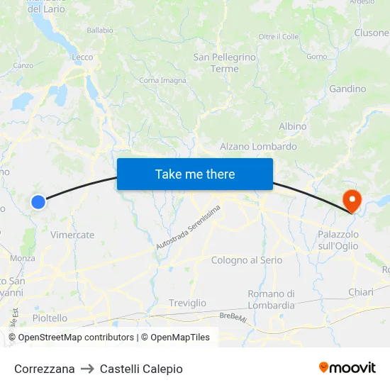 Correzzana to Castelli Calepio map