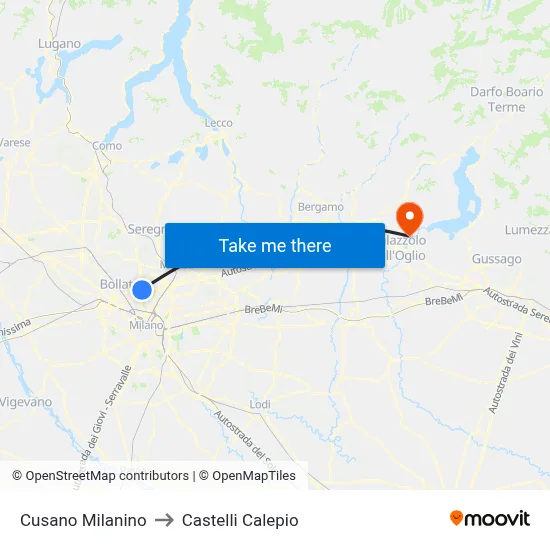 Cusano Milanino to Castelli Calepio map