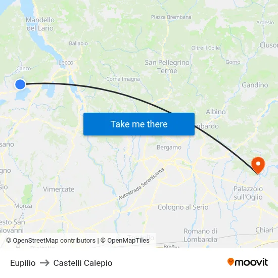 Eupilio to Castelli Calepio map