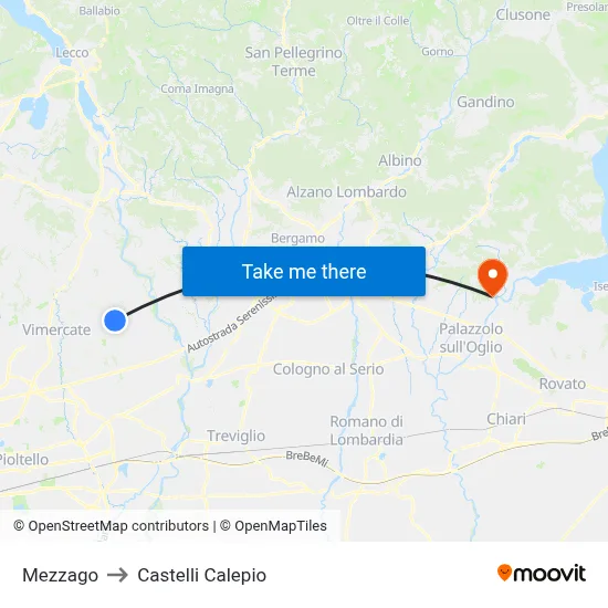 Mezzago to Castelli Calepio map