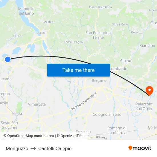 Monguzzo to Castelli Calepio map