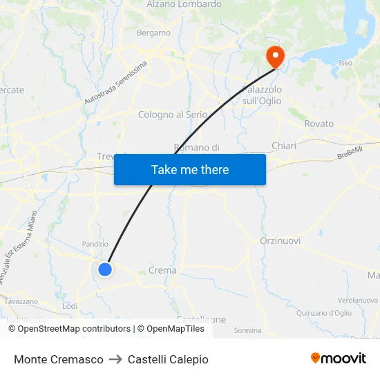 Monte Cremasco to Castelli Calepio map