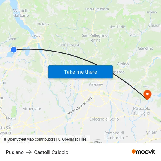 Pusiano to Castelli Calepio map