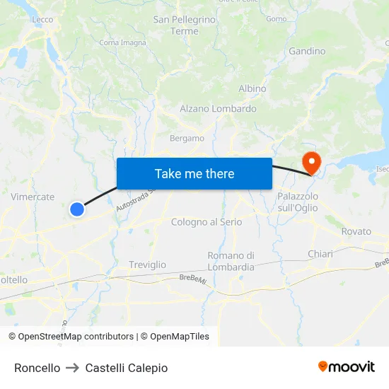 Roncello to Castelli Calepio map