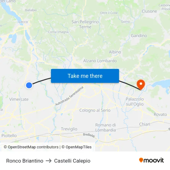 Ronco Briantino to Castelli Calepio map