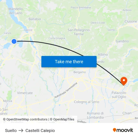 Suello to Castelli Calepio map
