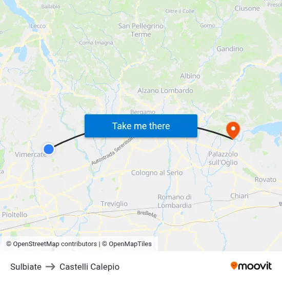 Sulbiate to Castelli Calepio map