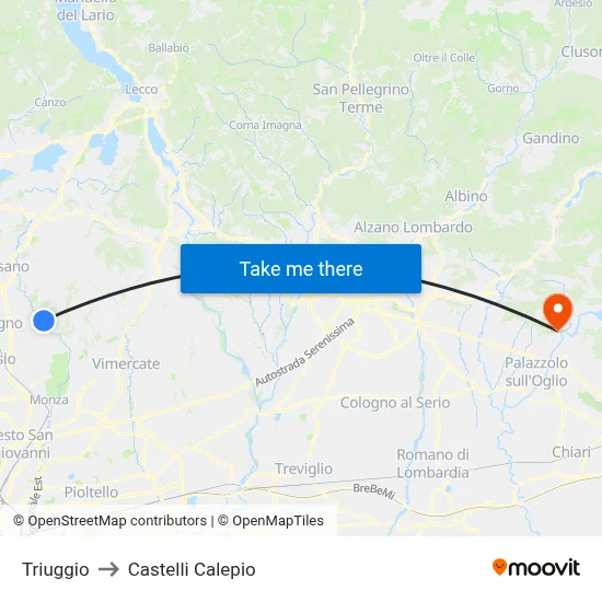 Triuggio to Castelli Calepio map