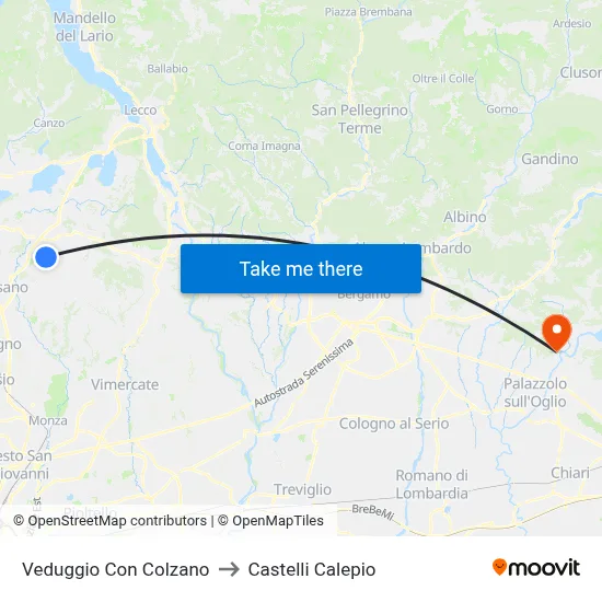 Veduggio Con Colzano to Castelli Calepio map