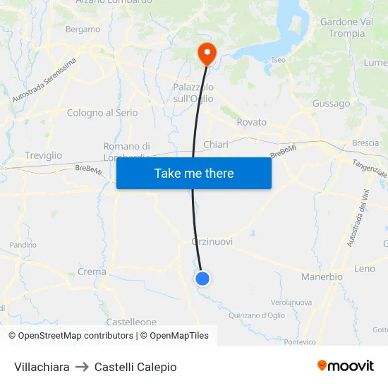 Villachiara to Castelli Calepio map