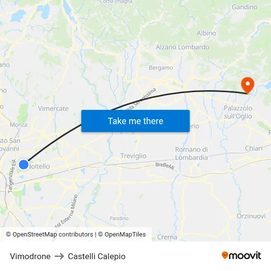 Vimodrone to Castelli Calepio map