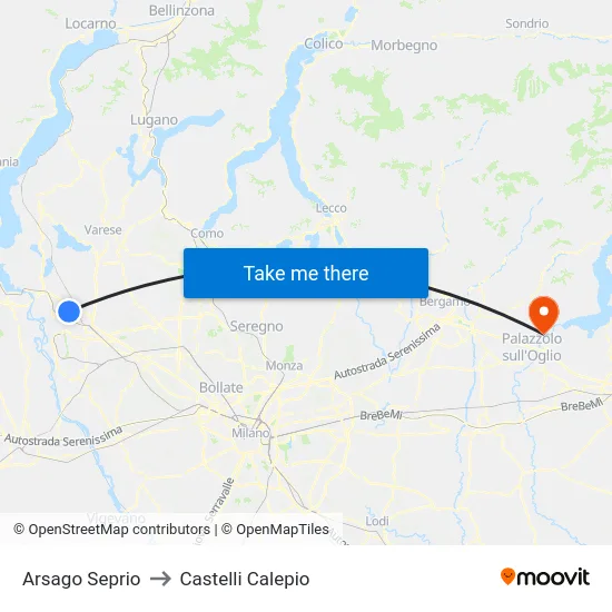 Arsago Seprio to Castelli Calepio map