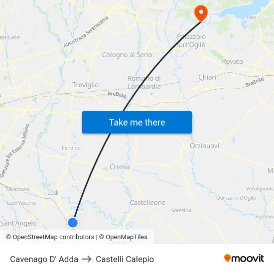 Cavenago D' Adda to Castelli Calepio map